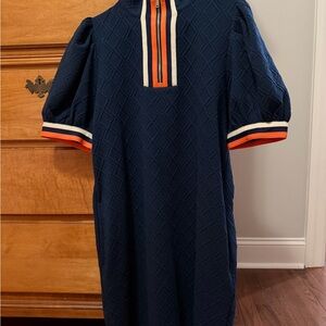Navy Blue Dress with Orange and White Accents
